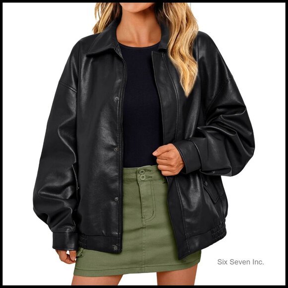 Jackets & Blazers - Oversized Faux Leather Biker Jacket Zip Up Motorcycle Style Y2K Trendy